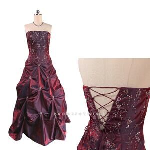 Y2K Prom Dress Maxi Ball Gown 14 Red Bead Fairy Princess Glam Floral Pleated